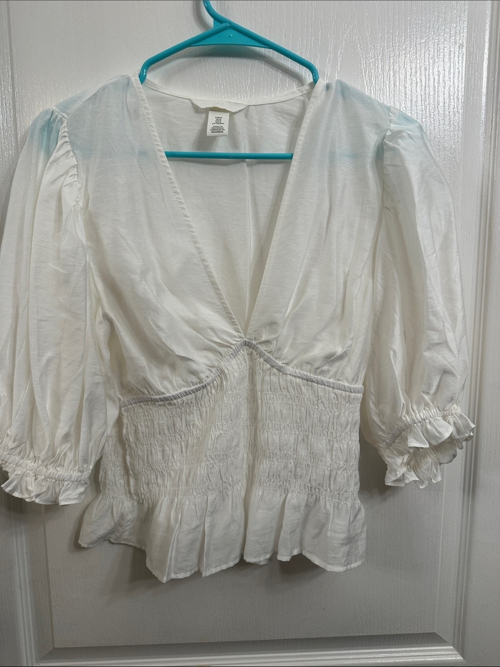 H&M White Smocked V-Neck Peasant Blouse